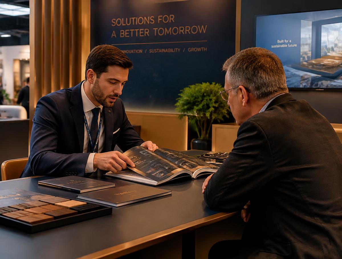 Product catalogue discussion with a buyer at a trade fair stand