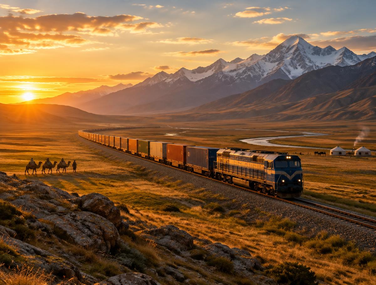 Freight train crossing the Central Asian steppe