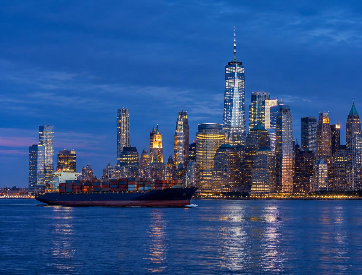 Container ship passing the New York skyline