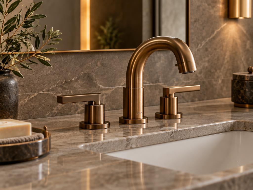 Bronze bathroom faucet on a marble vanity
