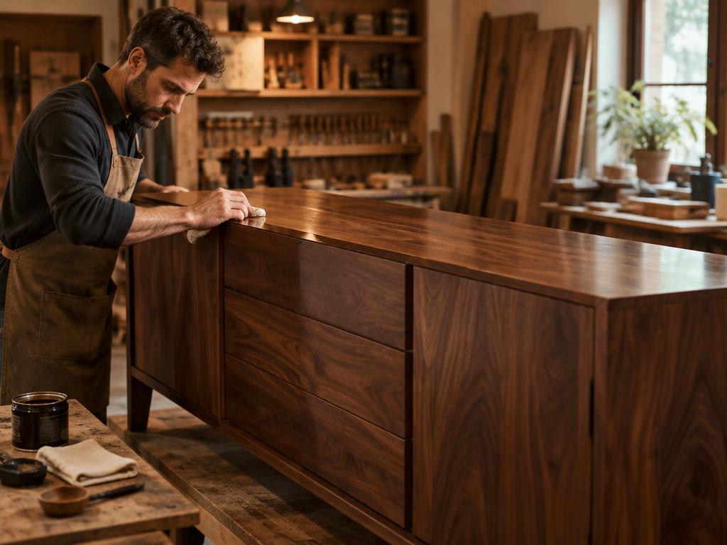Craftsman finishing a walnut sideboard in a workshop