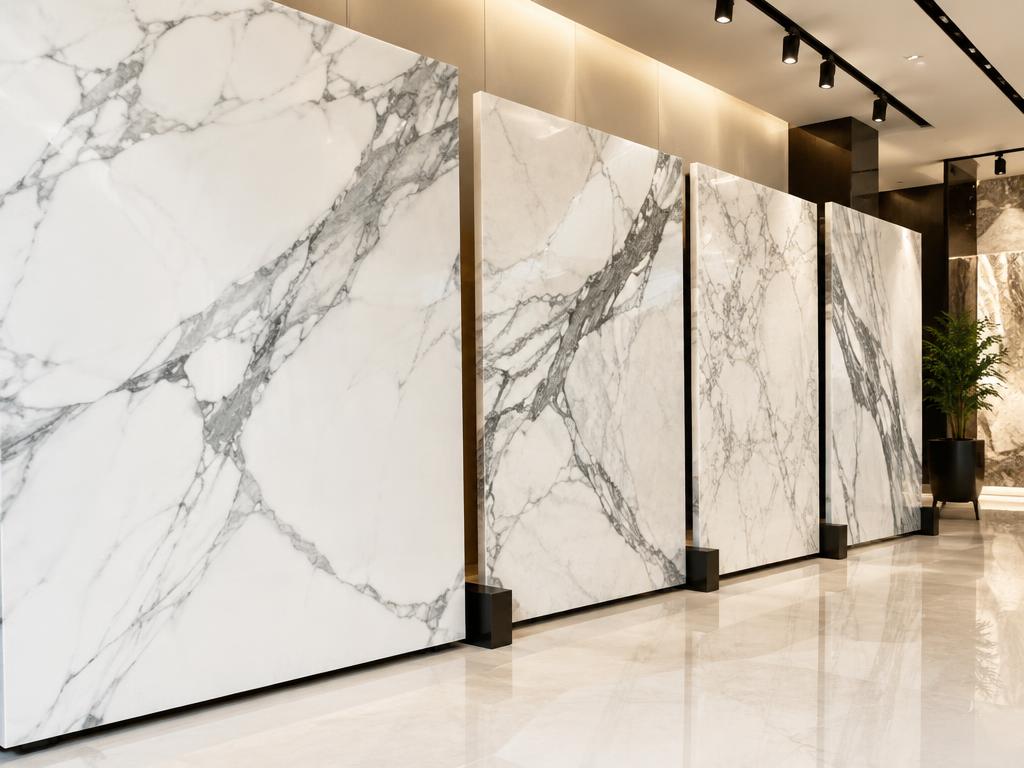 Veined white marble slabs in a showroom