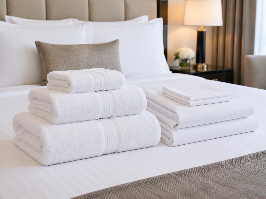Folded towels and bed linen on a hotel bed