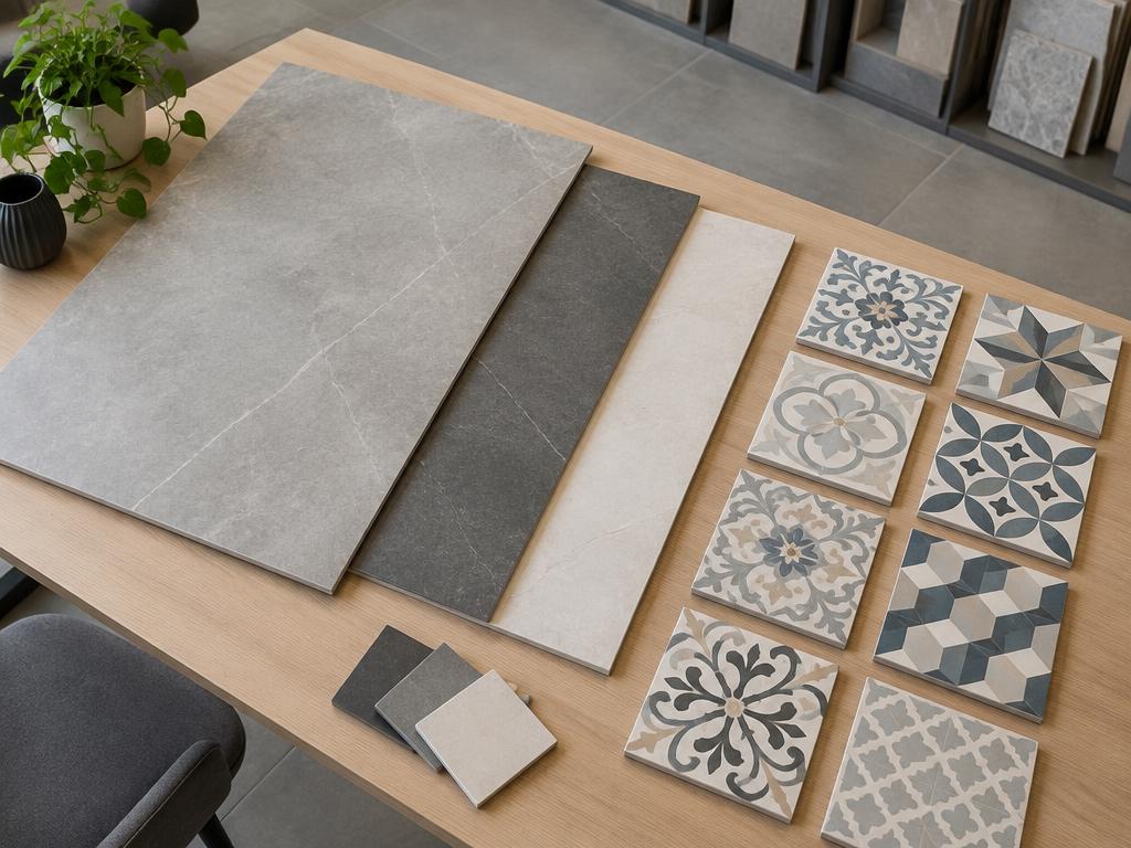 Porcelain tile and patterned ceramic samples