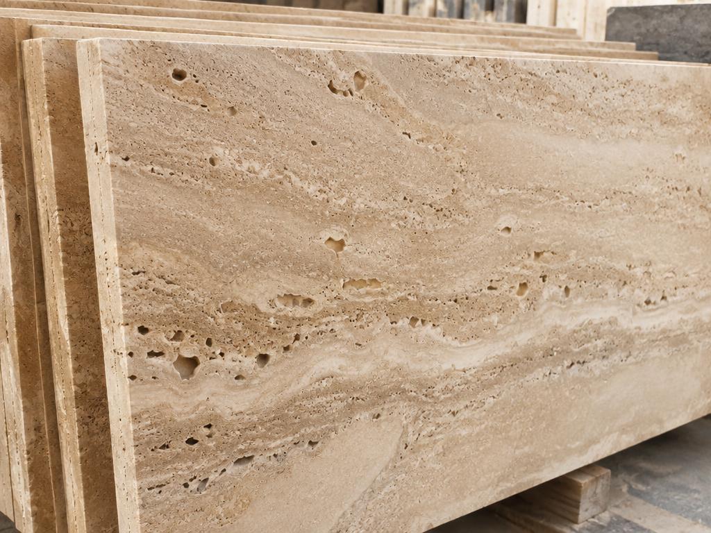 Travertine slabs in a stone yard