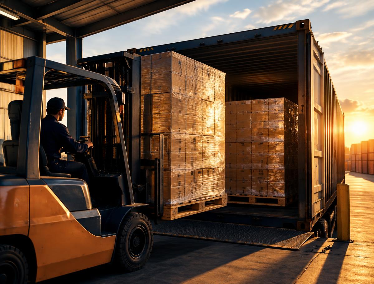 Export pallets being loaded into a container