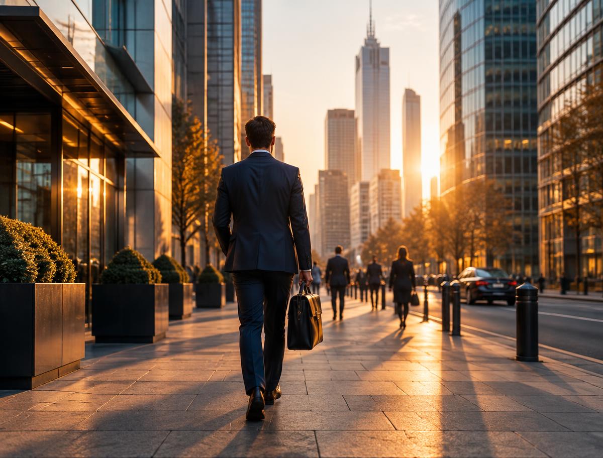 Commercial representative walking through a business district